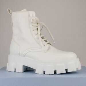 Prada Monolith Leather and Nylon Lace-Up Platform Combat Boots, White, EU 39.5